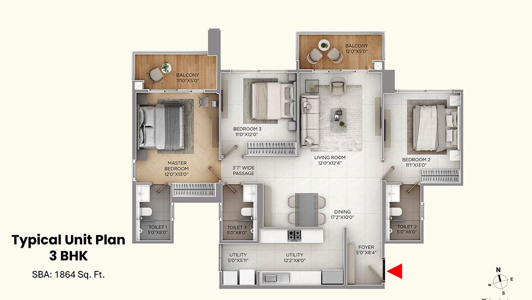 Purva Silversky 3 BHK Floorplan